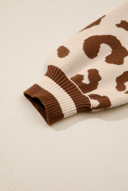 Light French Beige Leopard Printed Knit V Neck Casual Sweater