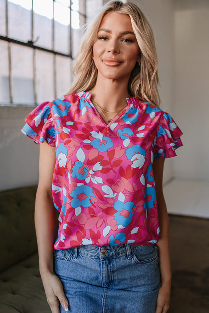 Rose Red Ruffled Sleeve Floral Blouse