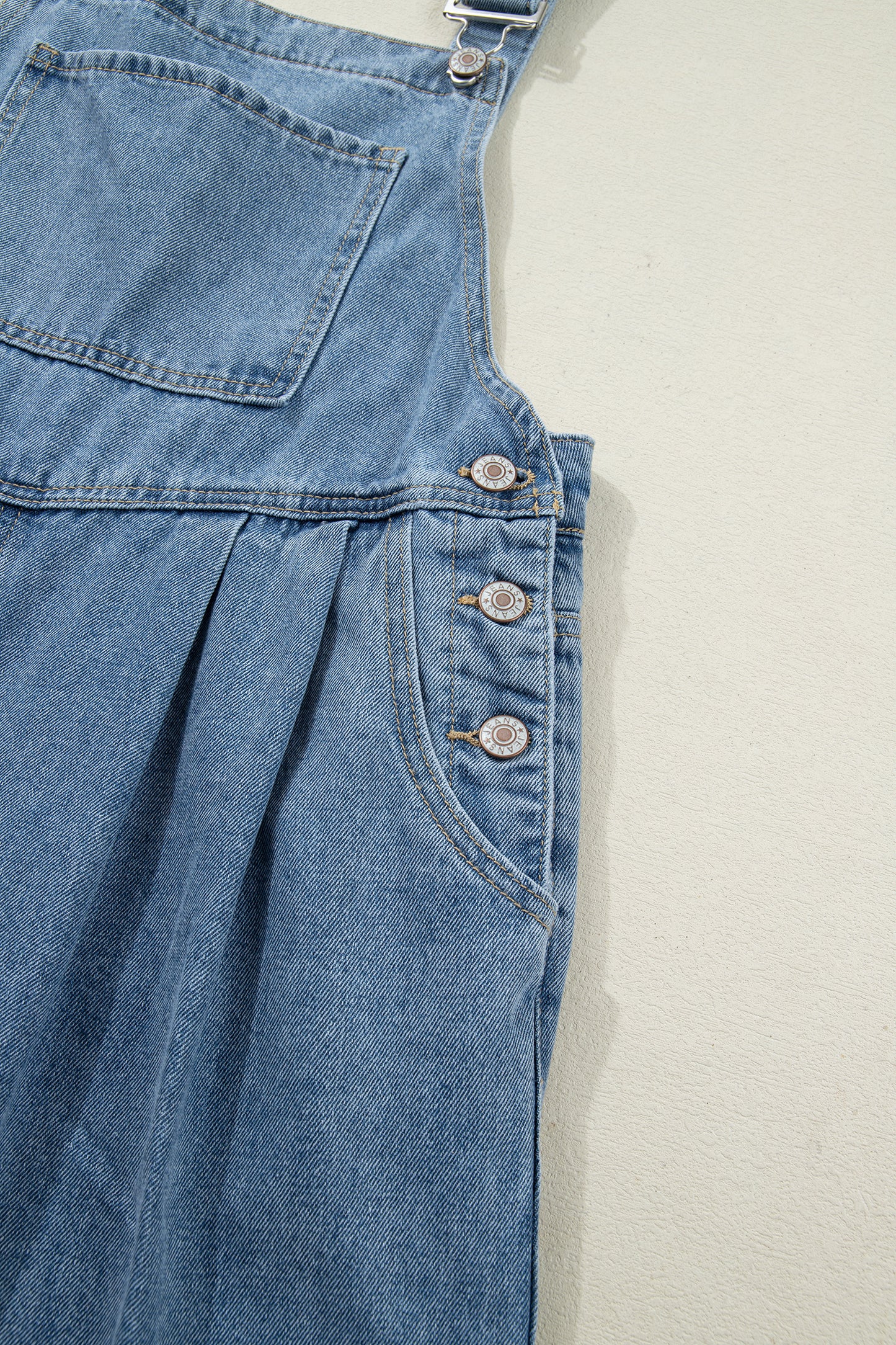 Dusk Blue Pleated Wide Leg Retro Pocketed Denim Jumpsuit