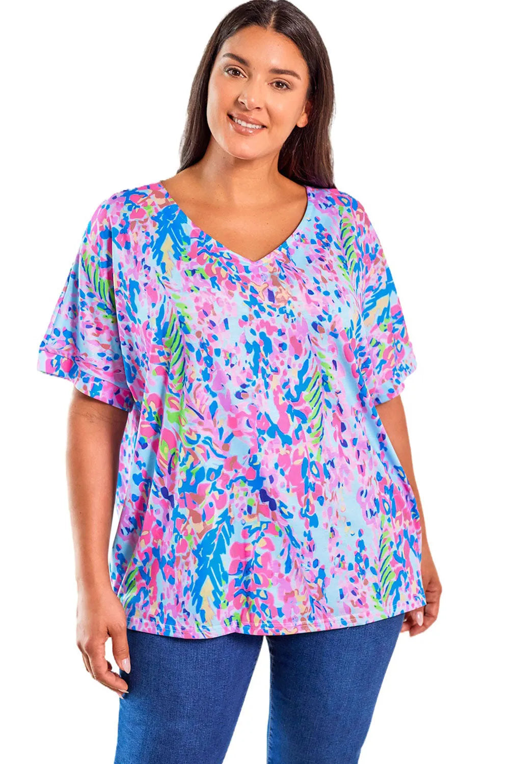 Sky Blue Plus Size Plant Print V Neck T-shirt - Chic Meadow Boutique 