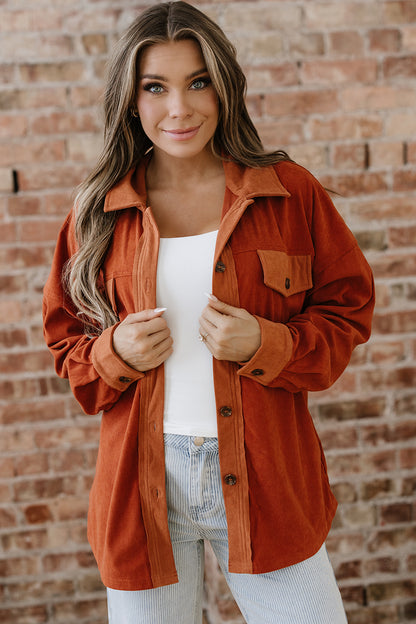 Gold Flame Velvet Flap Pockets Drop Shoulder Casual Shacket