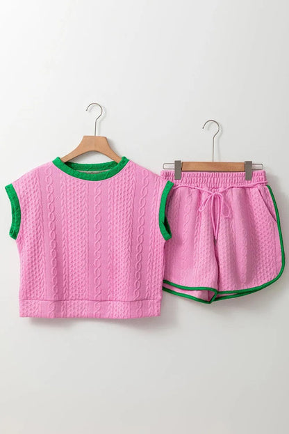 Two Piece Sets/Short Sets Pink / S / 95%Polyester+5%Elastane Pink Contrast Trim Cable Textured Shorts Set