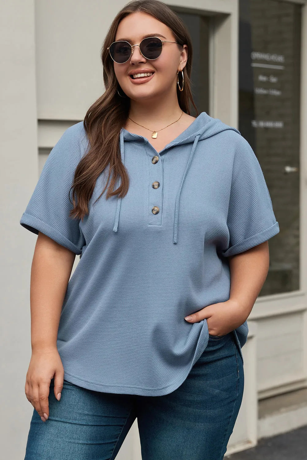 Ashleigh Blue Plus Size Waffle Knit Short Sleeve Drawstring Hoodie - Chic Meadow Boutique 