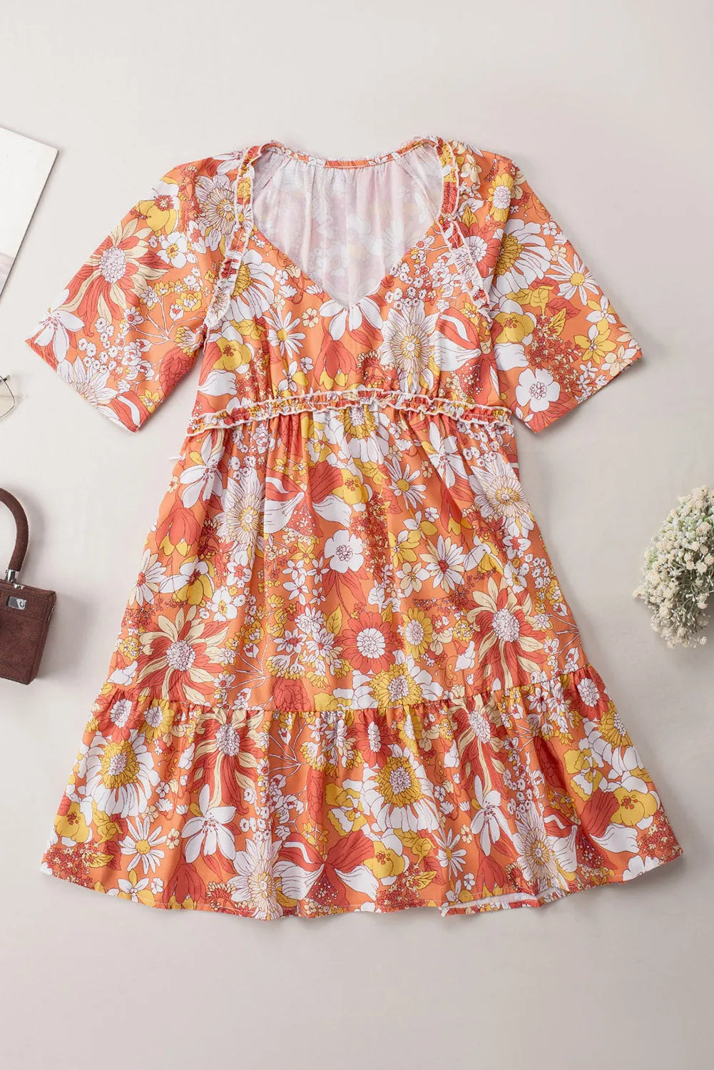 Orange Wide Flutter Sleeve Floral Dress - Chic Meadow Boutique 