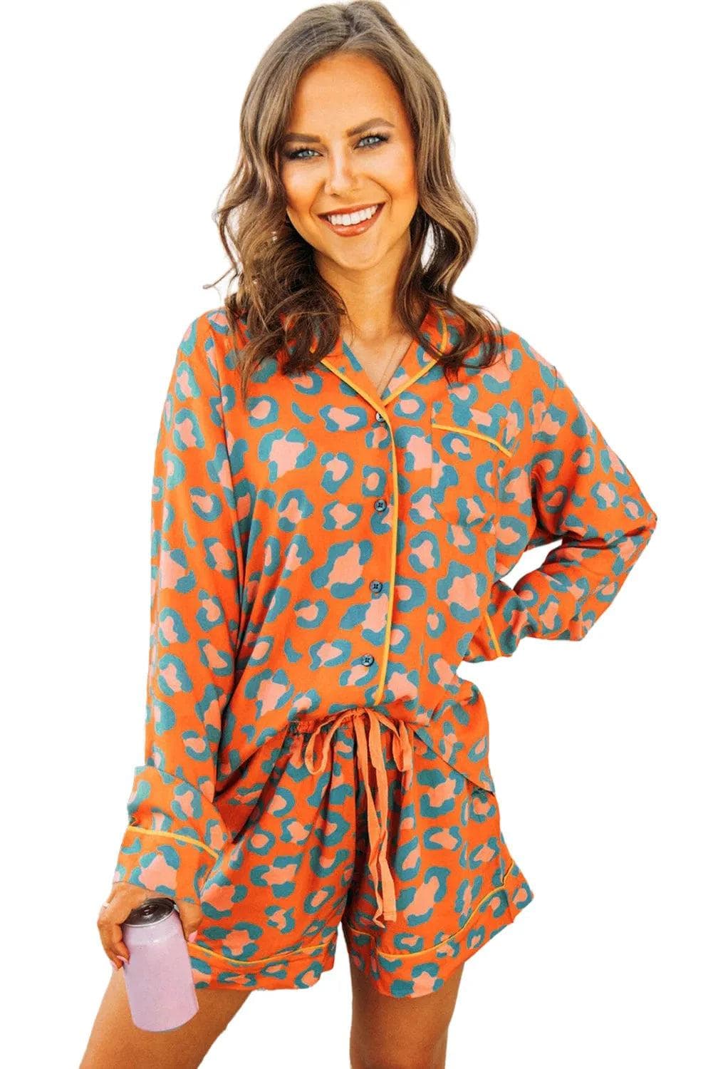 Loungewear & Sleepwear/Sleepwear Orange Leopard Print Long Sleeve Shirt and Shorts Pajama Set