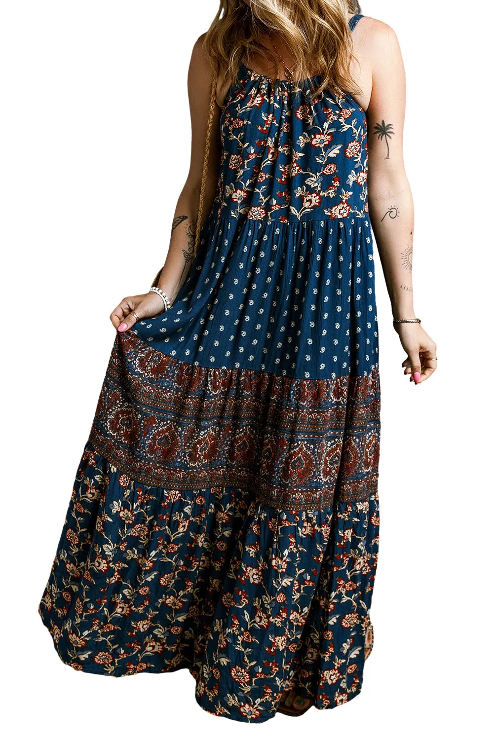 Blue Boho Floral Splicing Sleeveless Maxi Dress - Chic Meadow Boutique 