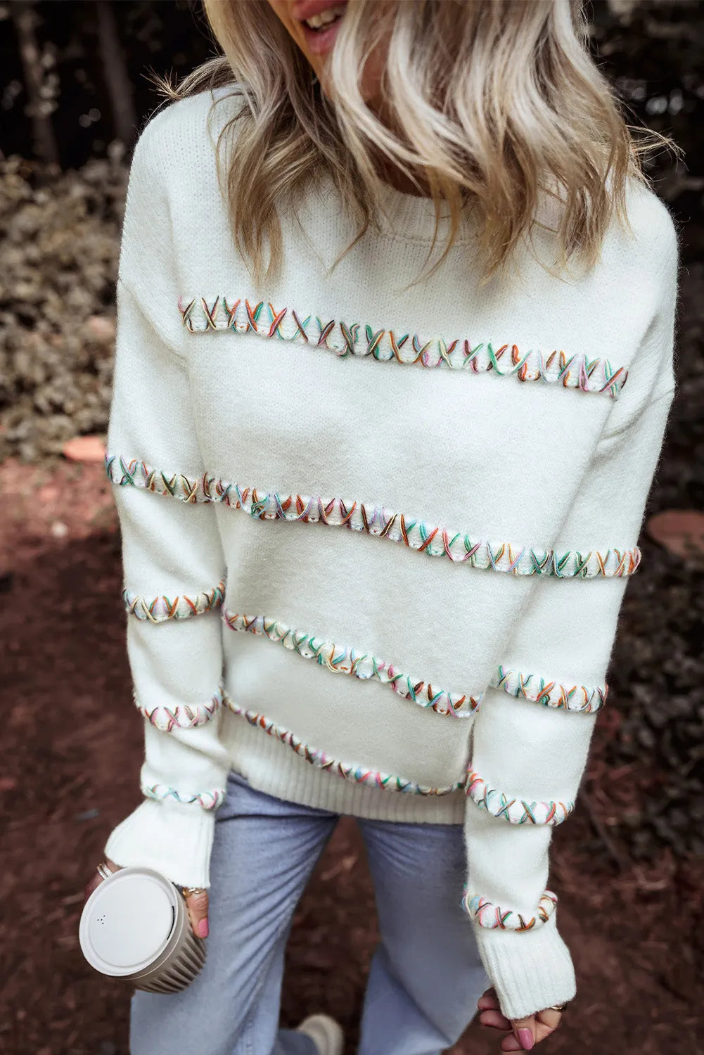 White Colorful Crossed Stitch Drop Shoulder Sweater - Chic Meadow Boutique 