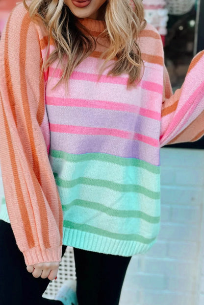 Multicolour Gradient Striped Ribbed Edge Loose Sweater - Chic Meadow Boutique 