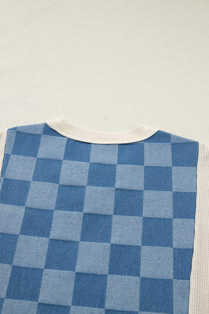 Dusk Blue Checkered Denim Patchwork Short Sleeve Loose Top