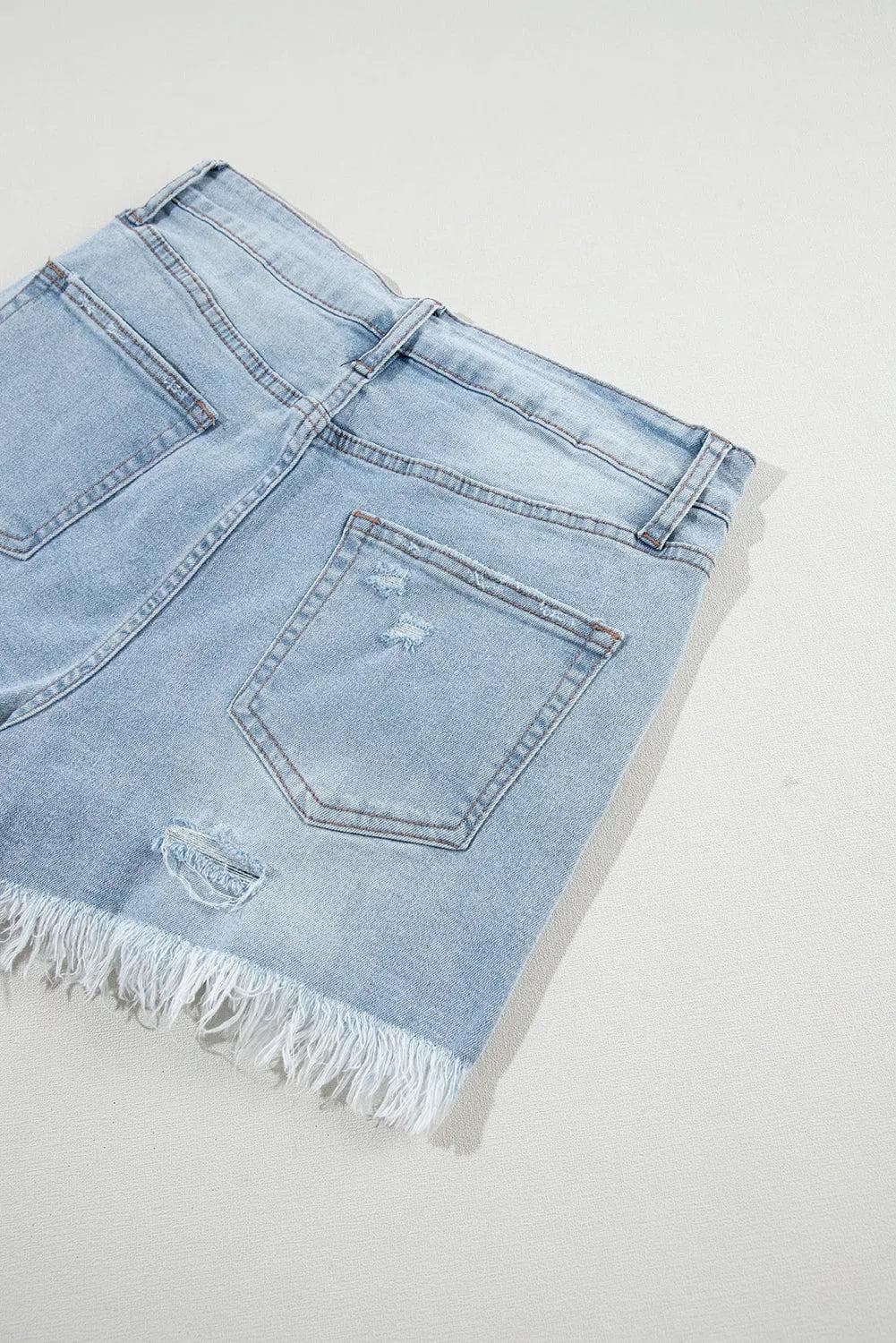 Light Blue Distressed Ripped Raw Hem High Waist Denim Shorts - Chic Meadow Boutique 