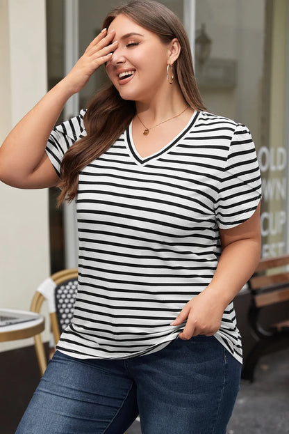 White Stripe V Neck Petal Sleeve Plus Size T-Shirt - Chic Meadow Boutique 