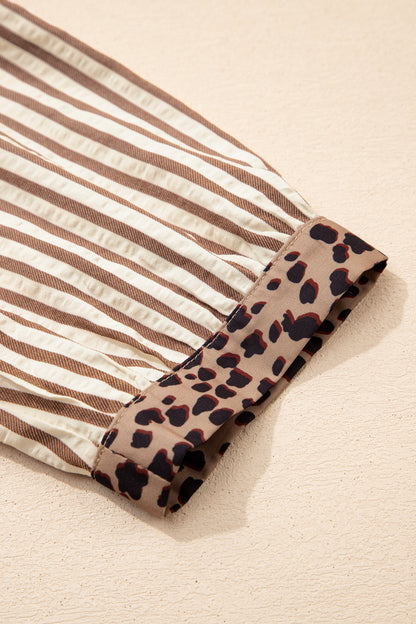 Khaki Stripe Square Button Leopard Trim Loose Bracelet Sleeve Shirt Dress