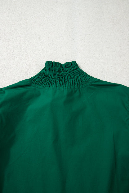 Evergreen Puffy Flounce Sleeve Leopard Trim V Neck Blouse