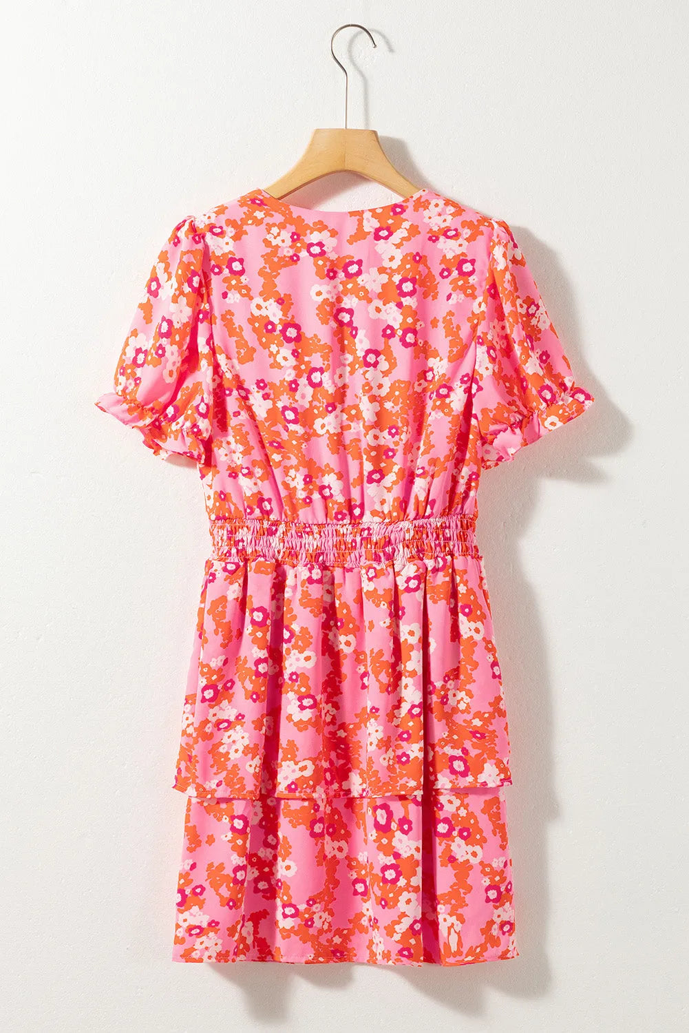 Pink Floral V Neck Short Ruffle Tiered Dress - Chic Meadow Boutique 