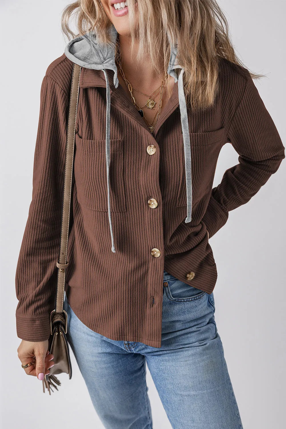 Coffee Hooded Drawstring Pockets Corduroy Shacket - Chic Meadow Boutique 