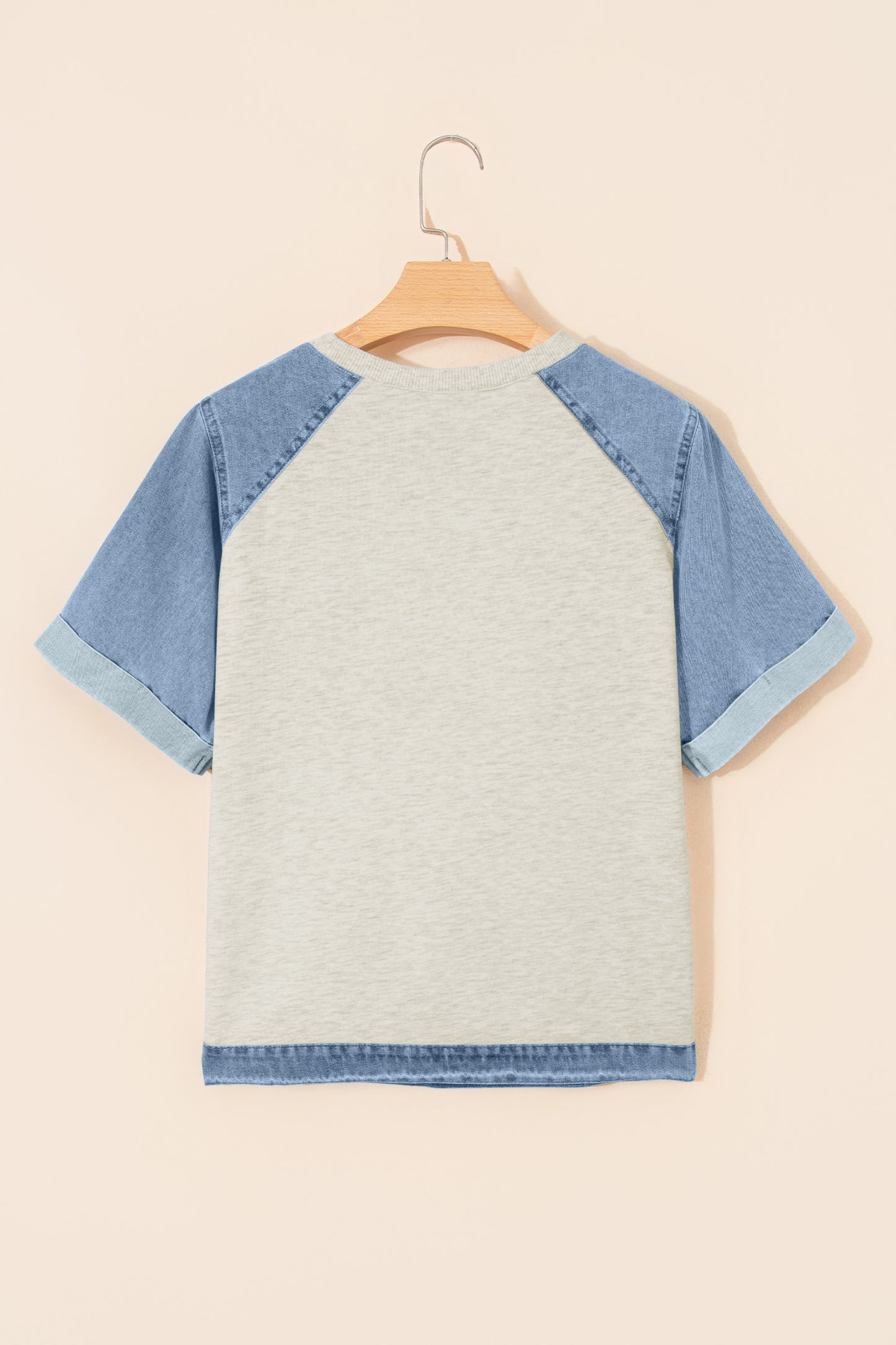 Beige Denim Color Block Patchwork Round Neck Tee
