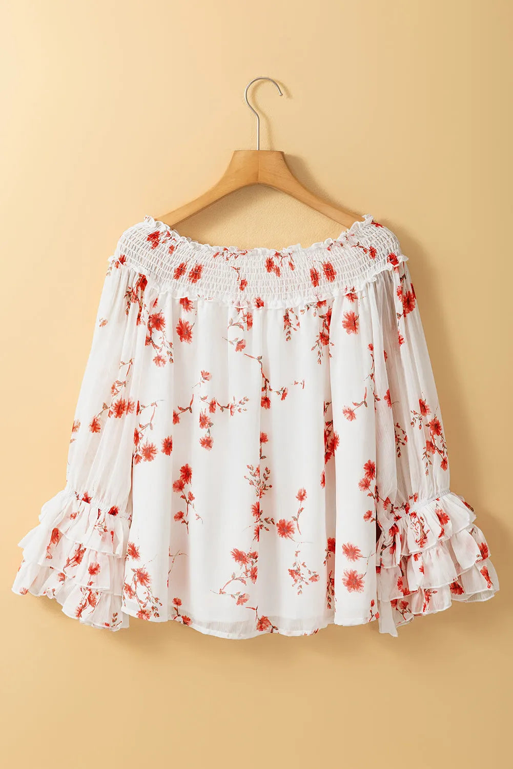 White Floral Print Shirred Off Shoulder Ruffled Sleeve Blouse - Chic Meadow Boutique 