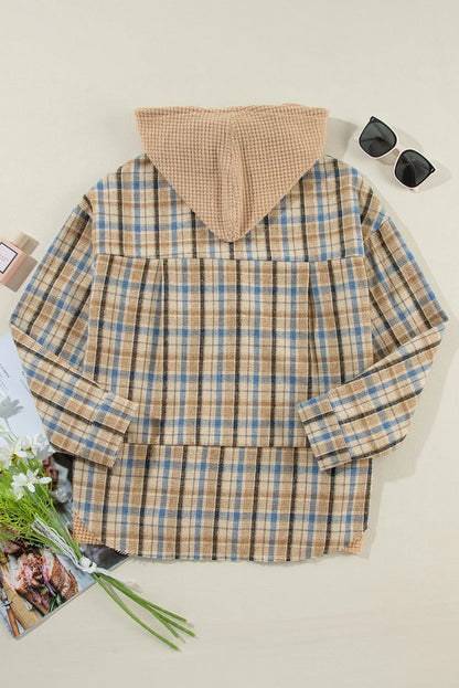 Ashleigh Blue Waffle Knit Patchwork Hooded Plaid Shacket - Chic Meadow Boutique 