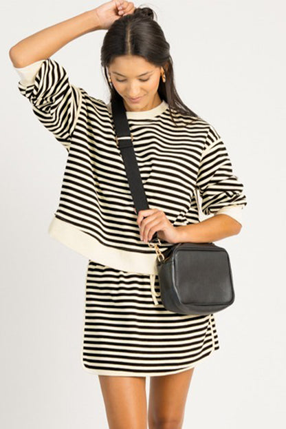 Black Stripe Textured Drop Shoulder Pullover Top Drawstring Mini Skirt Two Piece Dress Set
