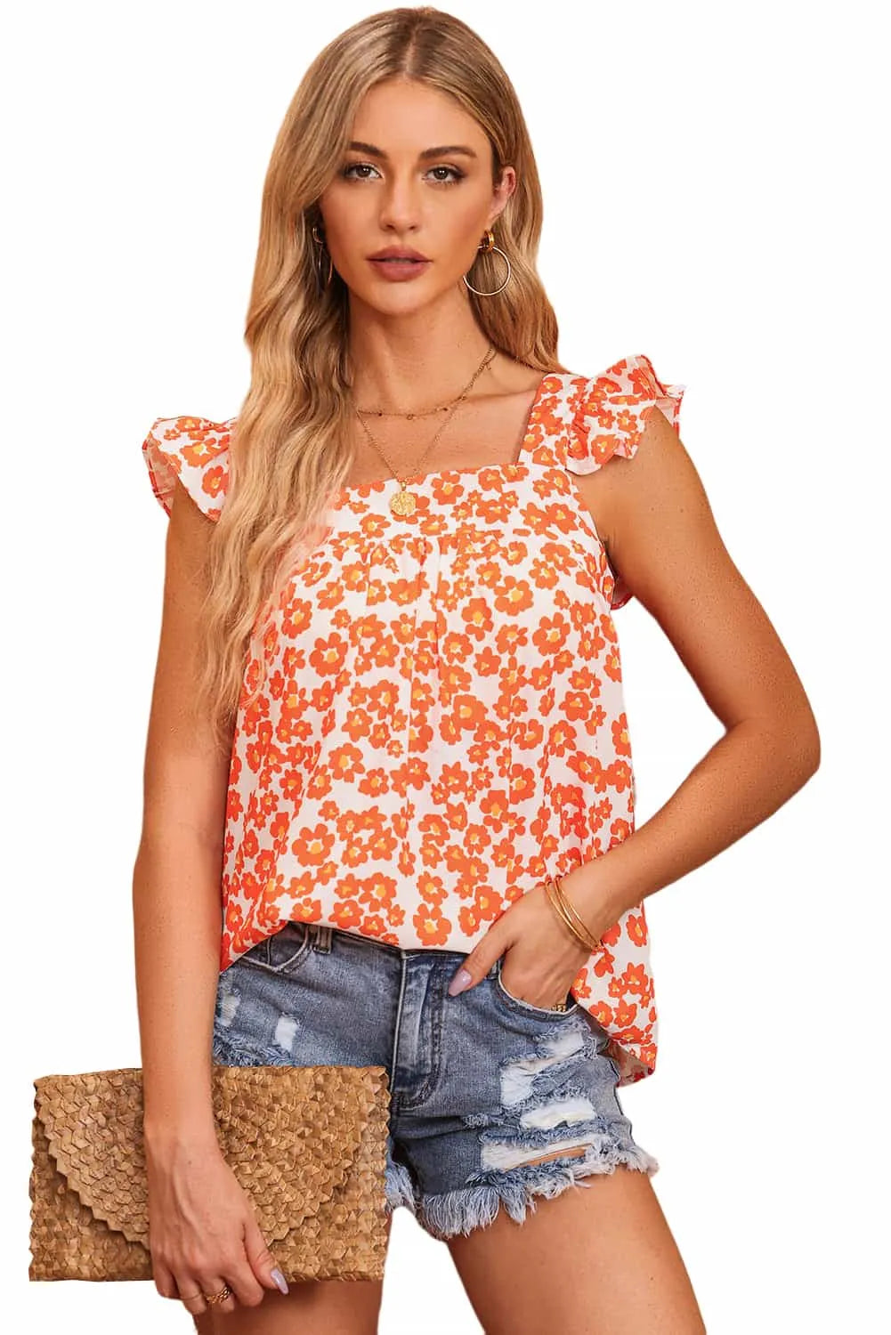 Orange Floral Print Square Neck Ruffle Tank Top - Chic Meadow Boutique 