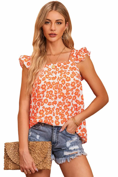 Tops/Tank Tops Orange Floral Print Square Neck Ruffle Tank Top