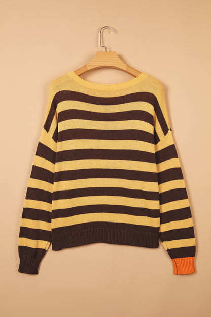 Brown Stripe Striped Drop Shoulder Colorblock Pullover Sweater