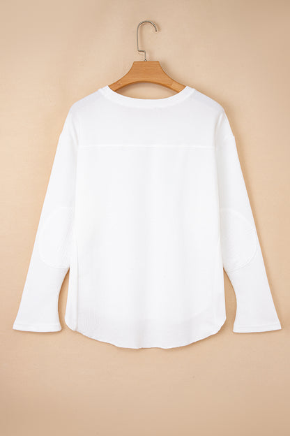 White Solid Color Waffle Ribbed Patchwork Dolman Sleeve Oversize Knit Top