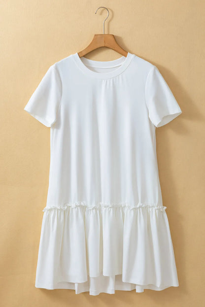 White Frilly Splicing Hem Short Sleeve Casual Dress - Chic Meadow Boutique 