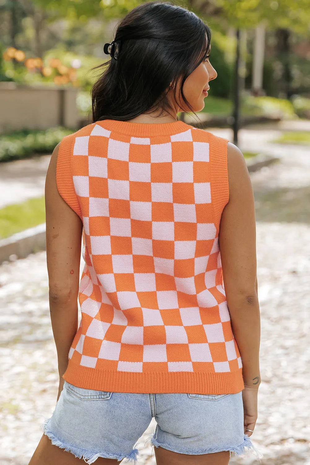 Russet Orange Checkered V Neck Knitted Sweater Vest - Chic Meadow Boutique 