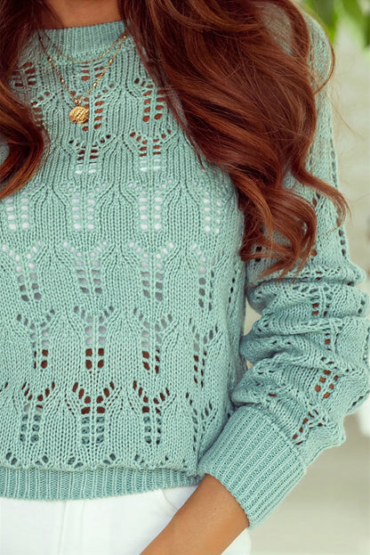 Green Sheer Knitted Pointelle Sweater - Chic Meadow Boutique 