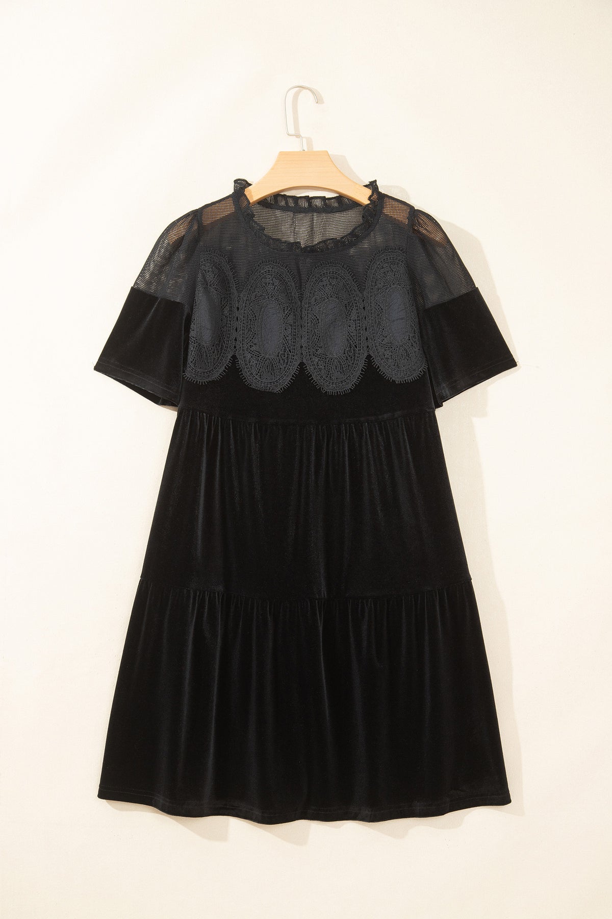 Black Embroidered Velvet Short Sleeve Mini Shift Dress