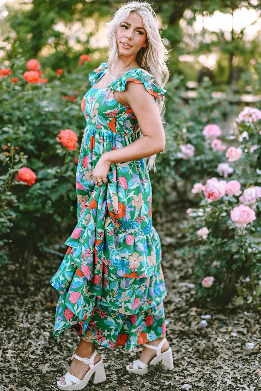 Green Floral Print Sleeveless Ruffle Tiered Maxi Dress - Chic Meadow Boutique 