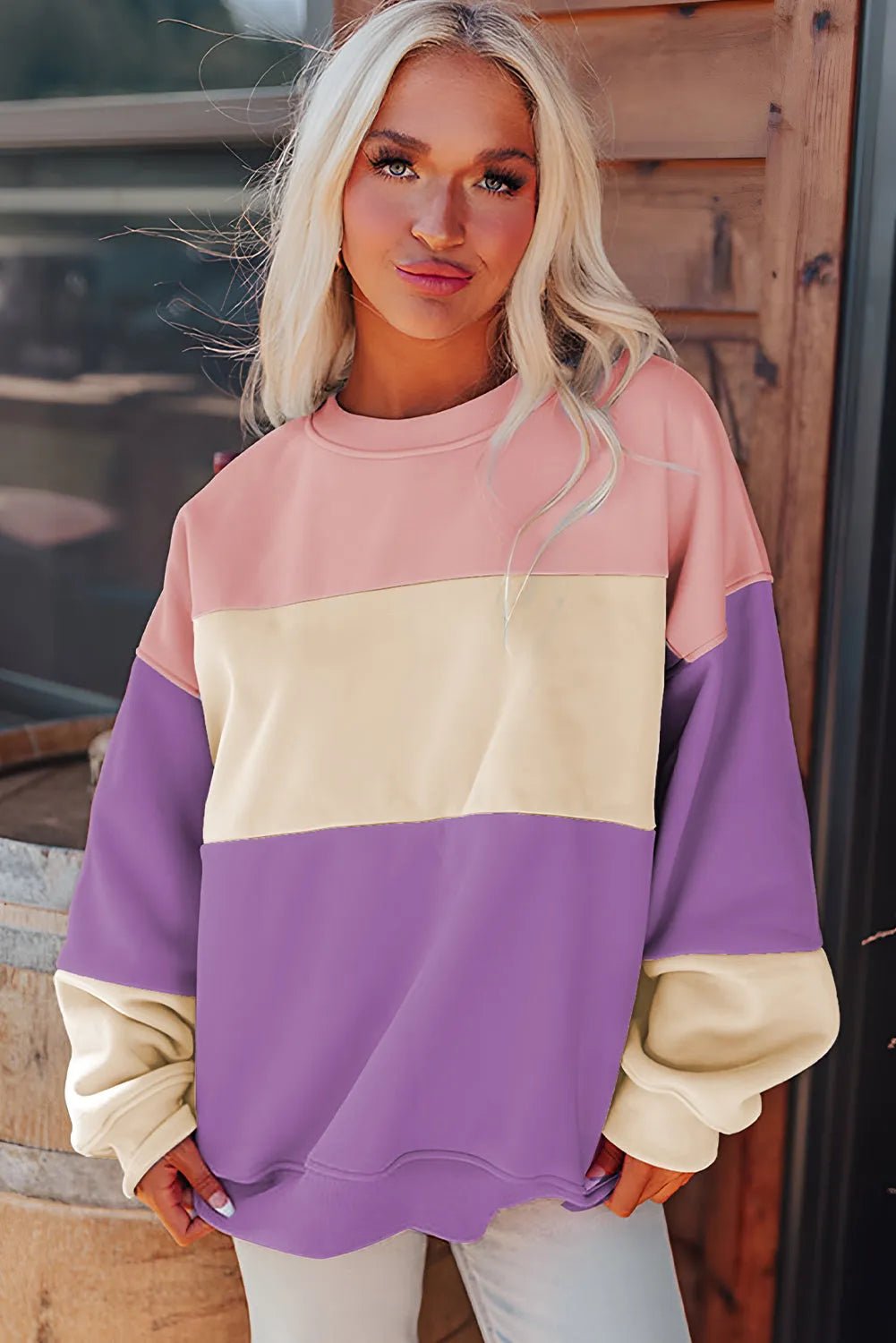 Meadow Mauve Colorblock Patchwork Drop Shoulder Sweatshirt - Chic Meadow Boutique 