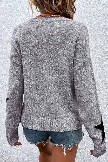 Gray Star Pattern Drop Shoulder Sweater - Chic Meadow Boutique 