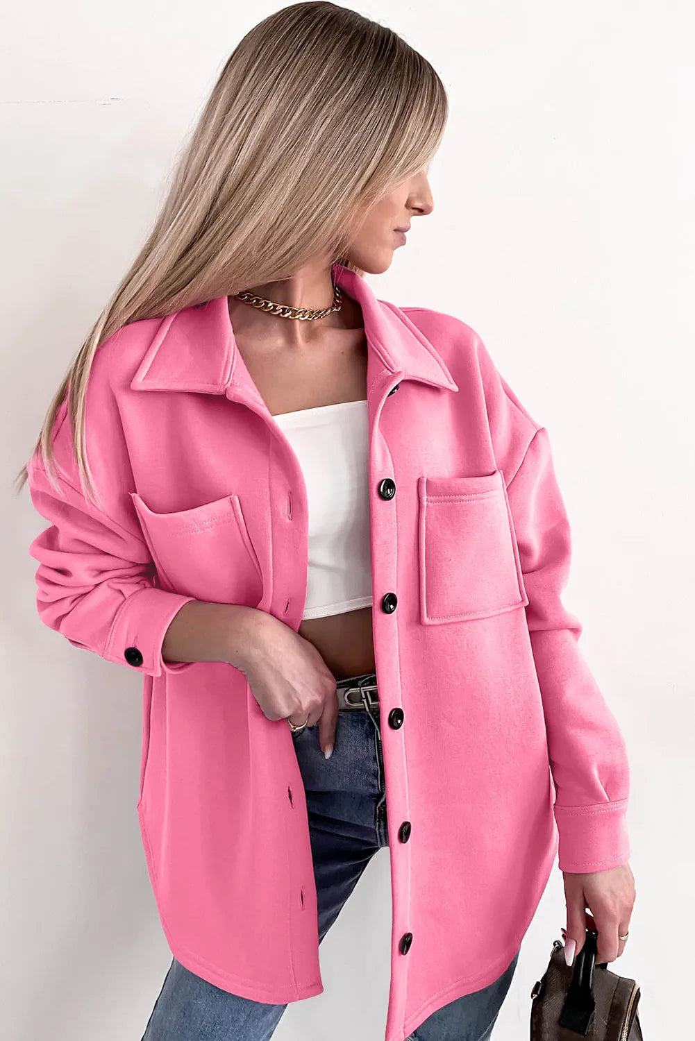 Pink Solid Color Pocketed Button up Long Sleeve Shacket - Chic Meadow Boutique 