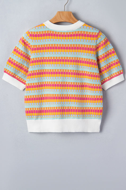Orange Abstract Striped Knit Short Sleeve Sweater