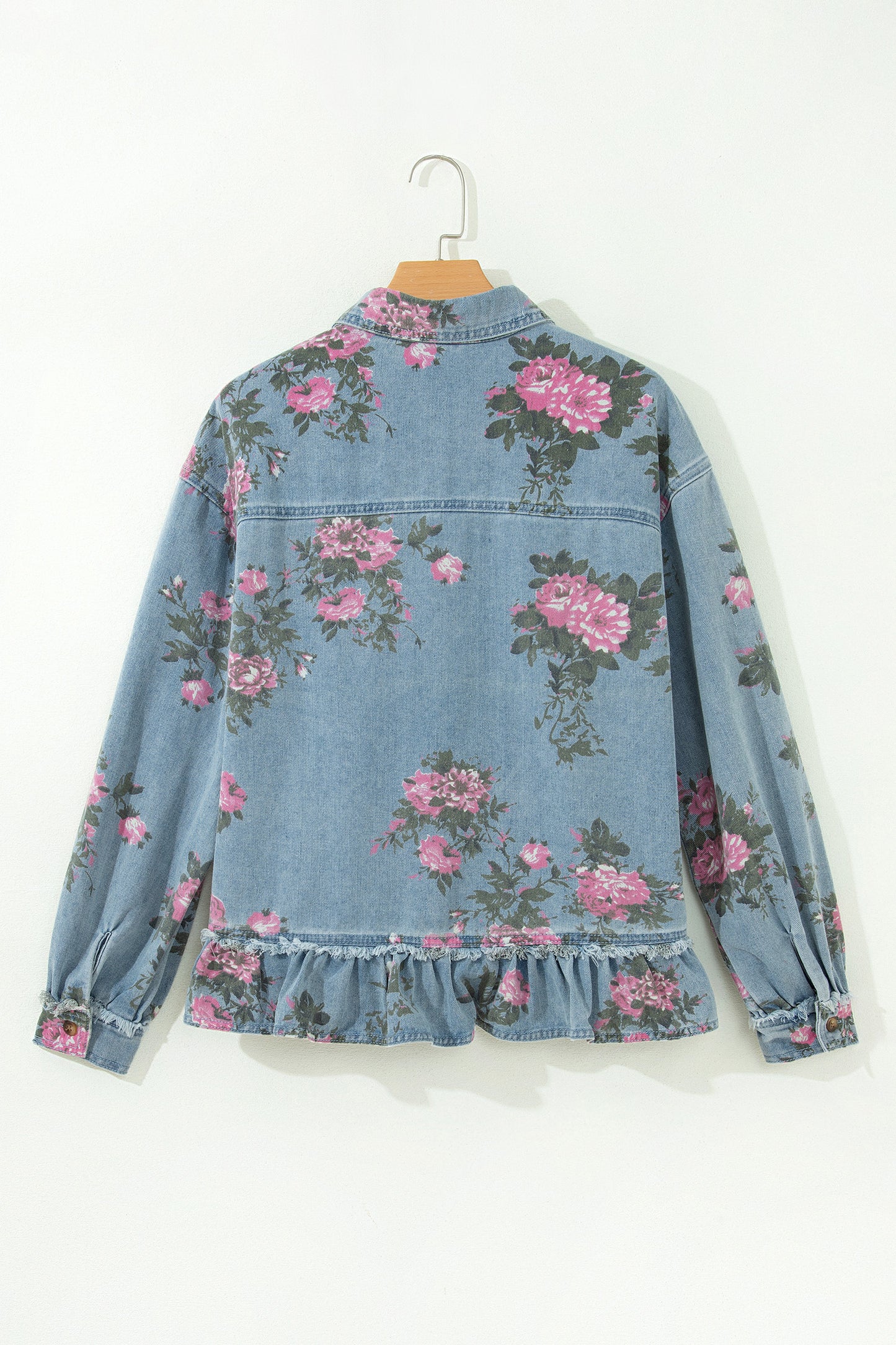 Sky Blue Floral Print Raw Seam Ruffle Hem Denim Jacket