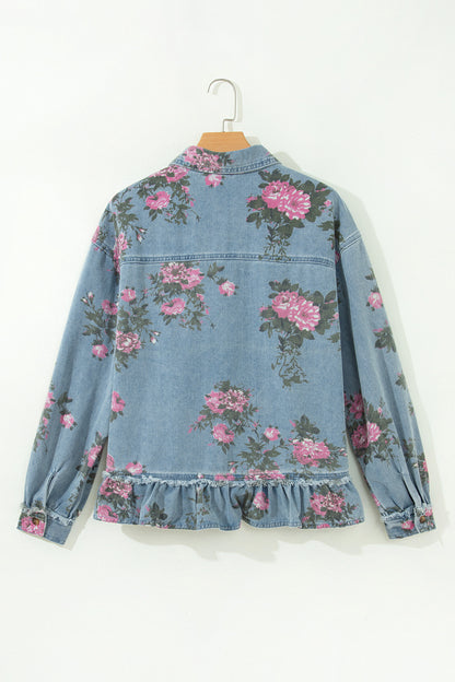 Sky Blue Floral Print Raw Seam Ruffle Hem Denim Jacket