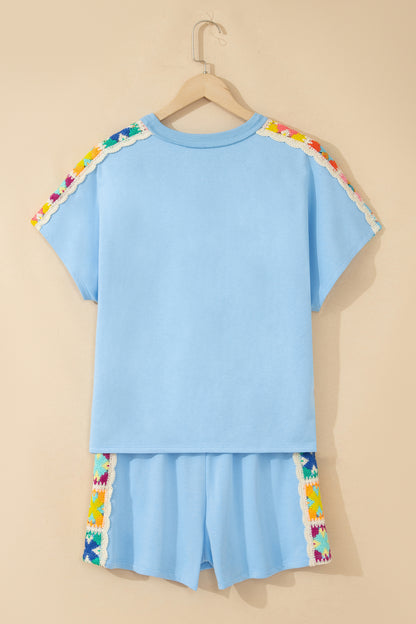 Mist Blue Granny Square Crochet Detail Short 2pcs Set