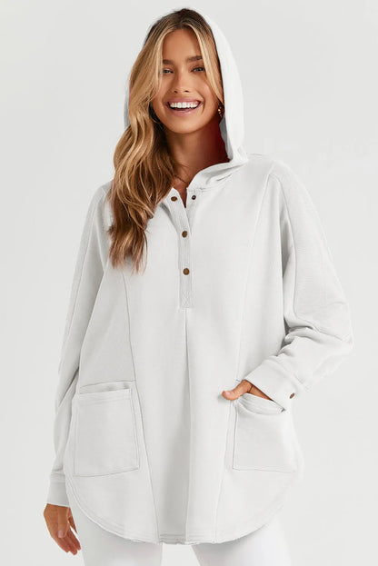 White Patchwork Side Pockets Oversized Henley Hoodie - Chic Meadow Boutique 