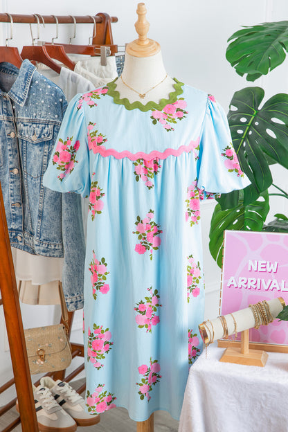 Sky Blue Floral Printed Contrast Ricrac Detail Bubble Sleeve Dress