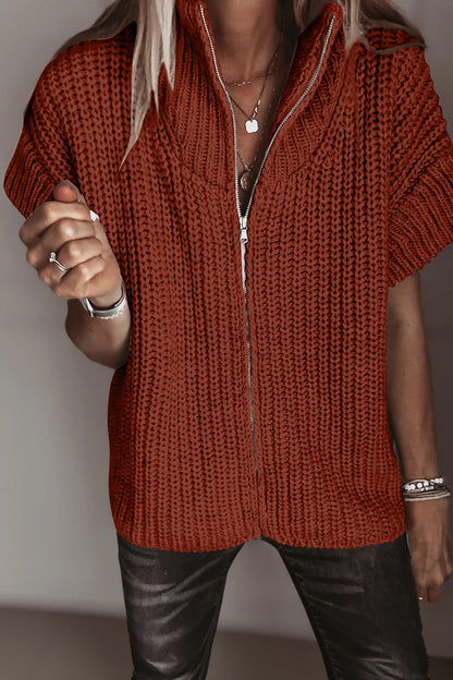 Cinnamon Solid Color Short Sleeve Zipper Knit High Neck Sweater