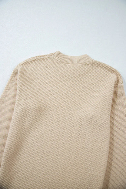 Parchment Solid Textured Knit Split Cuff Drop Shoulder Loose Sweater - Chic Meadow Boutique 