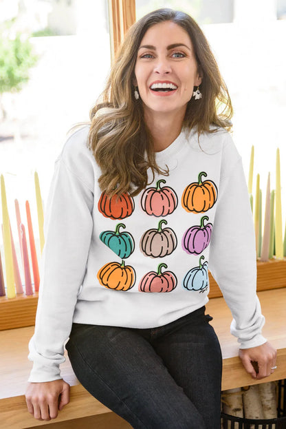 Beige Vibrant Pumpkins Print Crew Neck Halloween Sweatshirt - Chic Meadow Boutique 