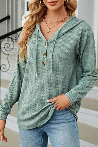 Mint Green Button Front Textured Drawstring Hooded Long Sleeve Top - Chic Meadow Boutique 