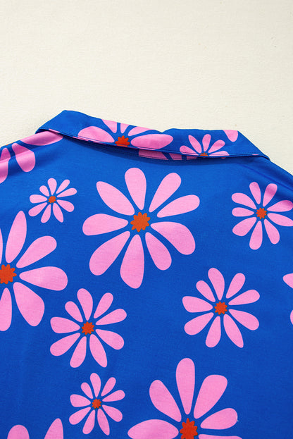 Purple Floral Striped Quarter Zip Cap Sleeve Drawstring Waist Mini Dress