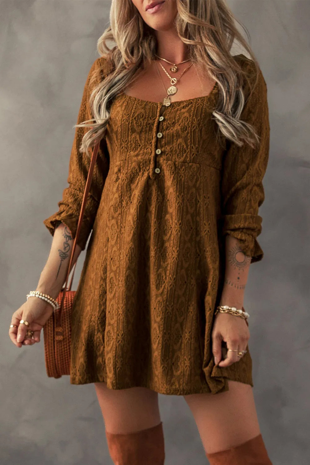 Chestnut Lace Crochet Buttoned Square Neck Shift Mini Dress - Chic Meadow Boutique 