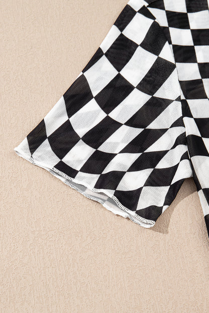 Black Checker Mesh Crew Neck T Shirt