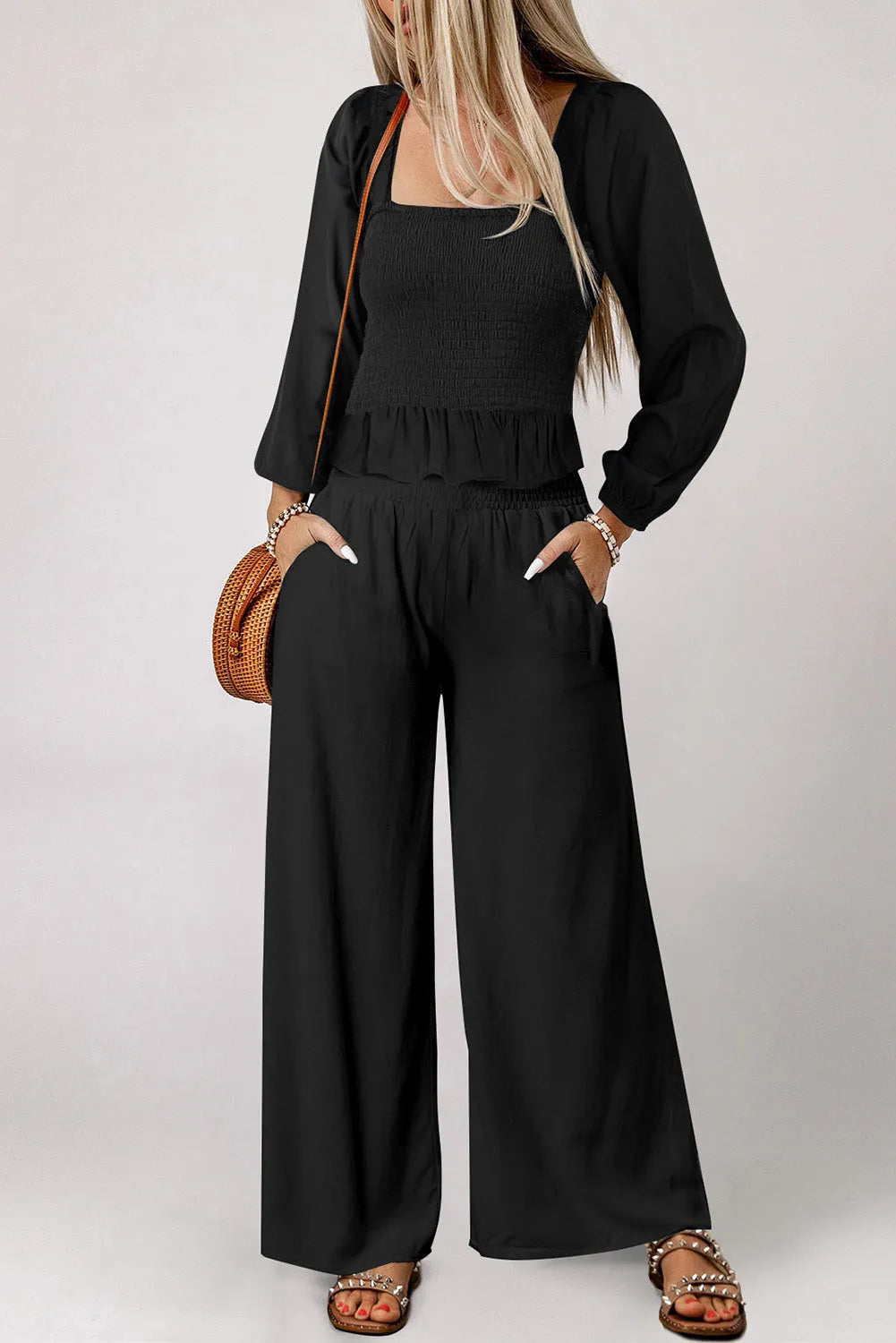 Black Square Neck Smocked Peplum Top and Pants Set - Chic Meadow Boutique 