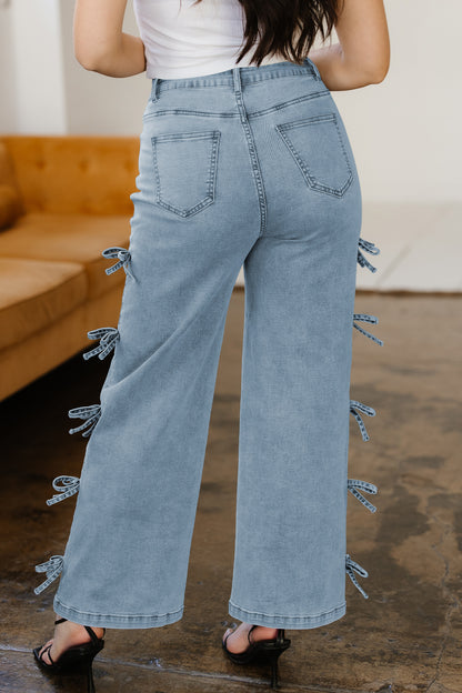 Beau Blue Bow Knot Side Detail Straight Leg Loose Jeans
